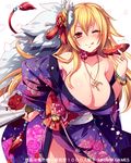  ;q bad_id bad_pixiv_id bare_shoulders blonde_hair blush breasts choker cleavage collarbone covered_nipples cup fan folding_fan hair_ornament japanese_clothes kimono kinosaki_reisui large_breasts long_hair lowres nobunaga_wa_ore_no_yome obi off_shoulder official_art one_eye_closed red_eyes sakazuki sash simple_background smile solo takeda_shingen_(nobunaga_wa_ore_no_yome) tongue tongue_out white_background 