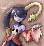  1girl artist_request blue_hair blue_skin character_name detached_collar detached_sleeves female hair_over_one_eye hota_(oznomahoutukai) leviathan_(skullgirls) monster_girl open_mouth parasite red_eyes shoulders skeleton skullgirls squigly_(skullgirls) stitches yellow_eyes zombie 