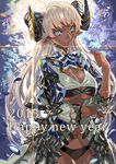  2015 animal_ears black_panties blonde_hair blue_eyes breasts chinese_zodiac cleavage cleavage_cutout cowboy_shot dark_skin earrings happy_new_year horns jewelry large_breasts long_hair navel new_year original panties ran'ou_(tamago_no_kimi) sheep_ears sheep_horns solo underboob underwear very_long_hair year_of_the_goat 