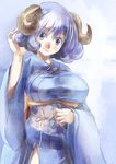 blue_eyes blue_hair breasts commentary_request copyright_request horns japanese_clothes kimono large_breasts obi sash sheep_horns short_hair smile solo upper_body yohane 