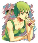  bad_id bad_pixiv_id drink foo_fighters green_eyes green_hair green_lipstick jojo_no_kimyou_na_bouken kamu_(simp3) lipstick makeup overalls short_hair solo 