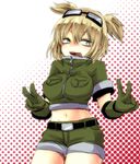  5jo_utage bel_hydra blonde_hair blood_lad breasts goggles goggles_on_head green_eyes large_breasts short_hair smile solo tongue tongue_out 