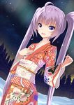  :d ahoge aurora bad_id bad_pixiv_id dutch_angle forest ginhaha hand_on_own_chest japanese_clothes kimono long_hair nature night night_sky open_mouth original purple_eyes purple_hair sky smile snow solo star_(sky) starry_sky tree twintails 