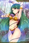  absurdres bikini blush copyright_name earrings eyebrows_visible_through_hair gloves green_hair groin highres jewelry kamachi_crossover kasai_shin killer_queen_and_deep_end long_hair looking_at_viewer purple_eyes satsuki_(killer_queen) swimsuit 