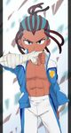  bandages blue_eyes dark_skin dark_skinned_male earth_eleven inazuma_eleven_(series) inazuma_eleven_go inazuma_eleven_go_galaxy jacket looking_at_viewer male_focus muscle navel official_style open_clothes open_jacket pants petagon solo tetsukado_shin track_jacket track_pants 