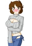  annoyed aoimaru bikini_jeans blush breast_hold breasts brown_eyes brown_hair cleavage cleavage_cutout denim highres jeans large_breasts looking_at_viewer lowleg lowleg_pants meme_attire midriff navel open-chest_sweater original pants ribbed_sweater short_hair solo sweater textless turtleneck white_background 