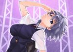  blue_eyes breasts head_tilt kosegawa_shiromi large_breasts looking_at_viewer matsuryuu miyamori_school_uniform saki school_uniform short_hair short_sleeves silver_hair solo upper_body 