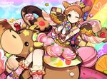  aikatsu! aikatsu!_(series) apple arisugawa_otome banana blush brown_eyes brown_hair checkerboard_cookie cherry cookie cow crossed_legs double_bun doughnut drill_hair eating food fruit grapes heart hitoto horn looking_at_viewer macaron one_eye_closed pudding sitting sketch smile solo sprinkles twin_drills wings 