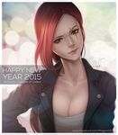  2015 artist_name bangs blurry bokeh breasts character_name cleavage closed_mouth collarbone depth_of_field facebook_username green_eyes happy_new_year katarina_du_couteau large_breasts league_of_legends lips long_hair looking_at_viewer magion02 new_year nose parted_bangs red_hair scar scar_across_eye signature solo upper_body watermark web_address 