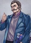  brown_eyes brown_hair facial_hair formal gouf gundam gundam_build_fighters hand_in_pocket highres male_focus matsuryuu mobile_suit_gundam mustache ral-san solo thumbs_up 