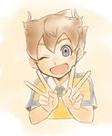  brown_hair double_v inazuma_eleven_(series) inazuma_eleven_go looking_at_viewer male_focus matsukaze_tenma one_eye_closed open_mouth petagon raimon raimon_soccer_uniform soccer_uniform solo sportswear upper_body v 