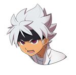  earth_eleven headband ibuki_munemasa inazuma_eleven_(series) inazuma_eleven_go inazuma_eleven_go_galaxy jacket male_focus open_mouth petagon red_eyes simple_background solo track_jacket upper_body white_background white_hair 