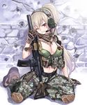  arm_support assault_rifle badge breasts brown_gloves brown_hair camouflage camouflage_pants cleavage cross front-tie_top full_body gloves gun hair_ornament headset heckler_&amp;_koch highres hk416 keffiyeh knee_pads large_breasts long_hair matsuryuu midriff military_operator one_eye_closed original pants parted_lips ponytail pouch purple_eyes rifle scarf sitting skull smile solo suppressor vertical_foregrip weapon yokozuwari 