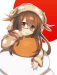  2015 animal_costume animal_ears bad_id bad_pixiv_id blush brown_eyes brown_hair food fruit glasses horns kagami_mochi kantai_collection long_hair long_sleeves mandarin_orange mochizuki_(kantai_collection) new_year orange outline red-framed_eyewear semi-rimless_eyewear sheep_costume sheep_ears sheep_horns shiorinda solo star star_print under-rim_eyewear 