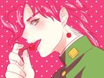  cherry earrings food fruit green_eyes jewelry jojo_no_kimyou_na_bouken kakyouin_noriaki licking male_focus p-geist2 pink pink_hair profile solo 