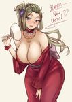  2015 blue_eyes blush bow breasts choker cleavage cloud_kingdom curvy dress fan flower green_hair hair_bun hair_flower hair_ornament hair_stick happy_new_year jewelry large_breasts leaning_forward long_hair necklace new_year obi off-shoulder_dress off_shoulder original paper_fan pas_(paxiti) red_dress ribbon sash solo uchiwa wrist_ribbon 