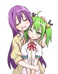  ;&lt; ahoge bell blush cardigan cheek-to-cheek closed_eyes gj-bu green_eyes green_hair hair_bell hair_ornament hair_ribbon hand_on_another's_head highres hug hug_from_behind jingle_bell kannazuki_tamaki long_hair matsuryuu multiple_girls one_eye_closed open_mouth purple_hair ribbon school_uniform simple_background sumeragi_shion sweatdrop tsurime twintails white_background yuri 