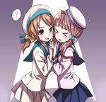  &gt;_&lt; :o ? ahoge blush brown_hair closed_eyes error_musume flying_sweatdrops girl_holding_a_cat_(kantai_collection) hair_ribbon hat holding_hands humanization interlocked_fingers kantai_collection kneeling_girl_(kantai_collection) long_hair matsuryuu military military_uniform multiple_girls open_mouth ponytail ribbon skirt smile speech_bubble spoken_question_mark tears twintails uniform 