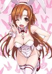  :3 ;d adapted_costume animal_ears asuna_(sao) bare_shoulders blush breasts brown_eyes brown_hair bunny_ears bunny_girl bunnysuit cleavage cross detached_collar fake_animal_ears hand_on_hip highleg highres jewelry large_breasts long_hair looking_at_viewer matsuryuu necklace one_eye_closed open_mouth smile solo sword_art_online thigh_gap thighhighs white_legwear wrist_cuffs 
