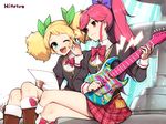  aikatsu! aikatsu!_(series) aqua_eyes blonde_hair blush bow fountain guitar hair_bow hitoto instrument long_hair multiple_girls ok_sign one_eye_closed open_mouth otoshiro_seira paper pink_hair plectrum ponytail saegusa_kii sitting skirt smile twintails 