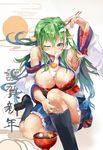  ;) adapted_costume areola_slip areolae armpits black_footwear blue_legwear bowl breasts center_opening chinese_zodiac chopsticks cleavage detached_sleeves food frog_hair_ornament fruit green_hair hair_ornament himuro_(dobu_no_hotori) horns huge_breasts japanese_clothes kimono kneehighs kochiya_sanae large_breasts loafers long_hair looking_at_viewer mochi navy_blue_legwear new_year nipple_slip nipples obi one_eye_closed orange sash sheep_horns shoes smile solo soup text_focus touhou translation_request year_of_the_goat yellow_eyes zouni_soup 