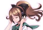  brown_hair closed_eyes headphones long_hair matsuryuu ponytail school_uniform smile solo white_background 