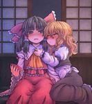  blonde_hair blush bow braid brown_eyes brown_hair detached_sleeves drunk hair_bow hair_tubes hakurei_reimu hug karioda kirisame_marisa long_hair multiple_girls touhou yellow_eyes yuri 