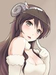  animal_costume bad_id bad_twitter_id bare_shoulders black_eyes blush breasts brown_hair cleavage elbow_gloves fur_collar gloves hair_ornament hi-ho- horns long_hair medium_breasts sheep_costume sheep_horns solo upper_body white_gloves 
