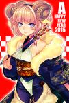  2015 arrow bare_shoulders blue_eyes bodysuit collarbone cowboy_shot flat_chest fur_trim hamaya happy_new_year highres horns looking_at_viewer new_year obi original pink_hair red_background sash sheep_horns short_hair smile solo tamachi_kuwa 