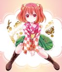  bell boots brown_footwear cross-laced_footwear hair_bell hair_ornament japanese_clothes lace-up_boots motoori_kosuzu pochi07 red_eyes red_hair sitting smile touhou wide_sleeves 