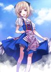  :d blonde_hair bloomers blue_eyes cloud cross-laced_clothes day dress highres looking_at_viewer matsuryuu mountain open_mouth original puffy_sleeves short_hair short_sleeves skirt_hold sky smile solo swiss_clothes underwear white_legwear 