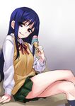  :q blue_eyes blue_hair blush crossed_legs food highres ice_cream ice_cream_cone kurusugawa_ayaka long_hair long_sleeves looking_at_viewer matsuryuu school_uniform sitting skirt smile solo sweater_vest to_heart tongue tongue_out 