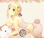  alternate_costume artoria_pendragon_(all) bare_arms bare_shoulders blonde_hair fate/stay_night fate_(series) floral_print fur green_eyes happy_new_year horns leaning_forward new_year ribbon saber sheep sheep_horns sheep_tail short_hair skirt solo tail yuka_(piiiyo0) 