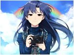  blue_hair brown_eyes camera casual cloud cloudy_sky day hitoto idolmaster idolmaster_(classic) jewelry kisaragi_chihaya long_hair looking_at_viewer necklace rainbow sky smile solo turtleneck 