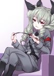  anchovy anzio_military_uniform belt black_footwear boots crossed_legs dress_shirt drill_hair girls_und_panzer grey_hair grey_jacket grey_pants grey_shirt hair_ribbon highres jacket knee_boots long_hair long_sleeves matsuryuu military military_uniform necktie pants red_eyes ribbon riding_crop shirt shoulder_belt sitting smile solo twin_drills twintails uniform 