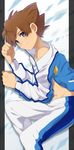  brown_hair earth_eleven inazuma_eleven_(series) inazuma_eleven_go inazuma_eleven_go_galaxy jacket light_smile lying male_focus matsukaze_tenma navel off_shoulder official_style on_side open_clothes open_jacket pants petagon solo track_jacket track_pants 