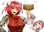  :d ;d bamboo_steamer bandages baozi chibi chinese_clothes commentary_request double_bun food ibaraki_kasen musical_note one_eye_closed open_mouth pink_eyes pink_hair ryuuichi_(f_dragon) smile touhou 
