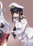  :d bangs black_hair blunt_bangs blush buttons female_admiral_(kantai_collection) female_pervert flying_sweatdrops gloves gradient gradient_background grey_background grey_eyes hair_ribbon hairband hand_on_own_thigh hat highres kantai_collection leaning_forward lifted_by_another long_hair long_sleeves looking_down low_ponytail matsuryuu military military_uniform miniskirt mole mole_under_mouth multiple_girls naughty_face open_mouth outline pants peaked_cap pervert pleated_skirt ponytail red_skirt ribbon ribbon_trim shoukaku_(kantai_collection) sidelocks sketch skirt skirt_lift smile solo_focus standing sweatdrop turtleneck uniform white_gloves white_hair yuri 
