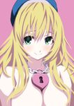  atago_(kantai_collection) blonde_hair blush breasts chain chain_necklace green_eyes hat heart heart-shaped_lock heart_lock_(kantai_collection) highres kantai_collection large_breasts lock long_hair looking_at_viewer matsuryuu nude pink_background simple_background sketch smile solo upper_body 