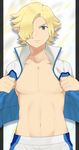  blonde_hair earth_eleven hair_over_one_eye inazuma_eleven_(series) inazuma_eleven_go inazuma_eleven_go_galaxy jacket male_focus navel no_nipples official_style open_clothes open_jacket pants petagon pointy_ears saajesu_ruugu solo track_jacket track_pants 