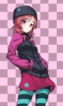  beanie blush checkered checkered_background colored_stripes hands_in_pockets hat highres jacket looking_at_viewer love_live! love_live!_school_idol_project matsuryuu nishikino_maki pantyhose purple_eyes red_hair short_hair skirt solo striped striped_legwear track_jacket 