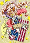  american_flag arm_warmers black_legwear blonde_hair blonde_haired_cure_(bomber_girls_precure)_(happinesscharge_precure!) blue_eyes blue_gloves boots brown_eyes cowboy_hat feathers fingerless_gloves freckles fringe_trim full_body gloves grey_eyes grey_hair grey_haired_cure_(bomber_girls_precure)_(happinesscharge_precure!) grey_skirt happinesscharge_precure! happy_new_year hat headband knee_boots long_hair magical_girl multiple_girls new_year niita pink_skirt precure red_hair red_haired_cure_(bomber_girls_precure)_(happinesscharge_precure!) skirt smile star thighhighs twintails western white_footwear 