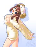  :d animal_hat blue_eyes breasts brown_hair cleavage cleavage_cutout hat horns large_breasts long_hair looking_at_viewer meme_attire open-chest_sweater open_mouth original roadmaxter sheep_horns smile solo sweater 