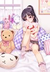  bedroom black_hair blush bobby_socks bow bow_panties german hair_ornament hair_scrunchie highres indoors long_hair matsuryuu no_shoes original panties pantyshot pantyshot_(sitting) pillow pillow_hug plaid plaid_pillow plaid_skirt polka_dot polka_dot_pillow polka_dot_scrunchie ponytail purple_eyes scrunchie sitting skirt socks solo striped_pillow stuffed_animal stuffed_toy teddy_bear translated underwear white_panties yes-no_pillow 