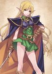  armor bare_legs blonde_hair blue_cape boots cape circlet deedlit elf green_eyes hand_on_hip highres long_hair looking_at_viewer matsuryuu pauldrons pointy_ears record_of_lodoss_war smile solo sword weapon 