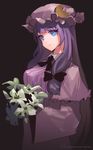 black_background bouquet breasts crescent crescent_hair_ornament flower hair_ornament hat highres large_breasts long_hair md5_mismatch msmusui patchouli_knowledge purple_hair smile solo touhou twitter_username upper_body 