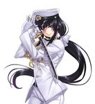  aiguillette bangs belt black_hair blunt_bangs bow breasts buttons female_admiral_(kantai_collection) fighting_stance gloves hair_bow hands_up hat highres holding holding_weapon kantai_collection large_breasts light_smile long_hair long_sleeves looking_at_viewer low_ponytail matsuryuu military military_uniform mole mole_under_mouth naval_uniform pants peaked_cap ponytail purple_eyes simple_background smile solo source_request standing sword uniform very_long_hair wakizashi weapon white_background white_gloves 