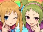  :p akanbe blonde_hair blue_eyes blush double_bun fukuhara_ann green_hair hitoto long_hair morizono_wakana multiple_girls one_eye_closed open_mouth pretty_(series) pretty_rhythm pretty_rhythm_rainbow_live purple_eyes short_hair side_ponytail smile tongue tongue_out 