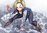  android_18 black_legwear blonde_hair blue_eyes boots breasts brown_footwear cleavage dragon_ball dragon_ball_z earrings full_body jacket jewelry looking_at_viewer matsuryuu pantyhose short_hair small_breasts smile solo 