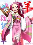  2015 :d alternate_hairstyle blush bow chypre_(heartcatch_precure!) dated hanasaki_tsubomi heartcatch_precure! japanese_clothes kimono matatabi_(karukan222) open_mouth pink_bow pink_eyes pink_hair precure smile wide_sleeves 